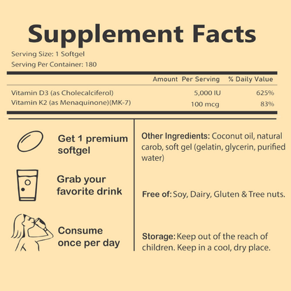 Vitamin D3 + K2 5000IU Supplement Softgels